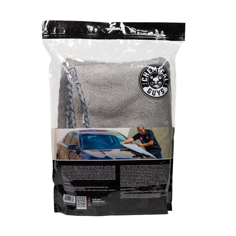 Large grey Chemical Guys Woolly Mammoth microfiber drying towel with thick pile and silk-banded edges.