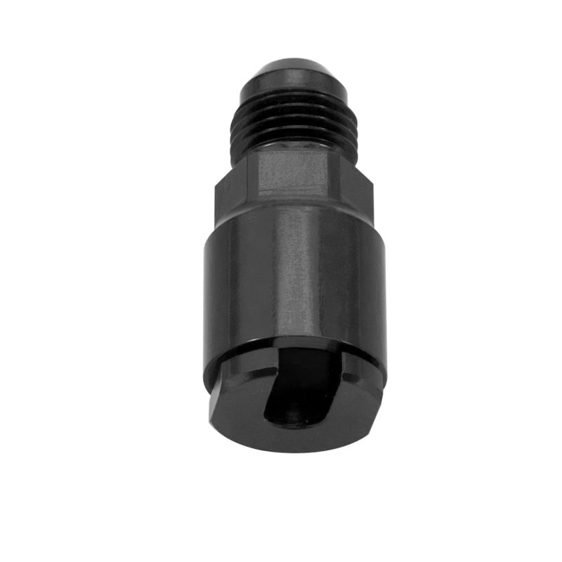 Black anodized 6061-T6 aluminum Russell adapter fitting with -6 AN male threads and 1/4-inch SAE quick-disconnect female end