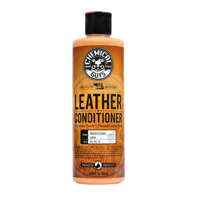 16oz bottle of Chemical Guys Leather Conditioner for automotive interior upholstery care