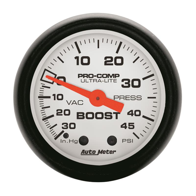 AutoMeter Phantom 52mm mechanical vacuum and boost gauge with white dial and 45 PSI range
