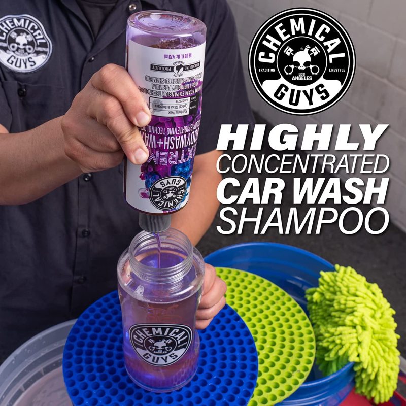 16oz bottle of Chemical Guys Extreme Body Wash and Wax soap featuring bright yellow liquid and a black flip-cap.