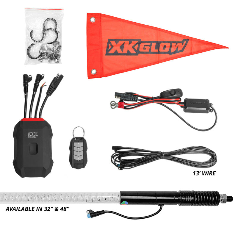 Two XK Glow 48-inch XKmax RGBW LED whips with advanced app control for off-road vehicles.