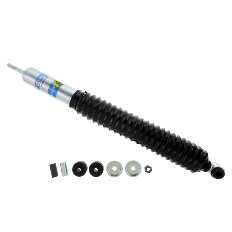 Bilstein B8 5125 silver zinc-plated monotube shock absorber with black protective boot and 5/8 inch bushings.