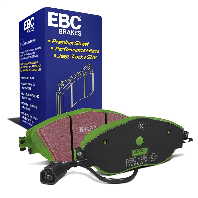 EBC Brakes Greenstuff performance front brake pad set featuring the signature green friction material coating.