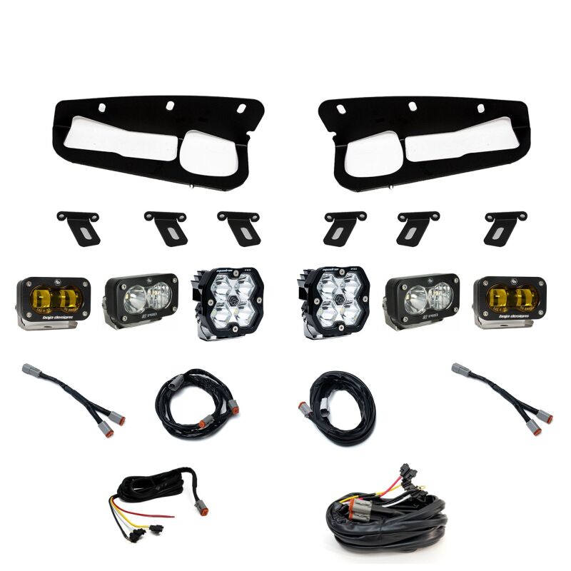 Baja Designs triple-light fog pocket kit for 2021-2026 Ford Bronco with Squadron Pro and S2 LED lights.