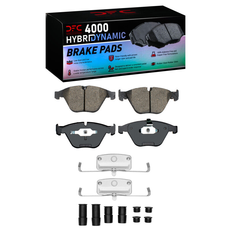 DFC 4000 HybriDynamic front brake pads set with premium stainless steel hardware clips.