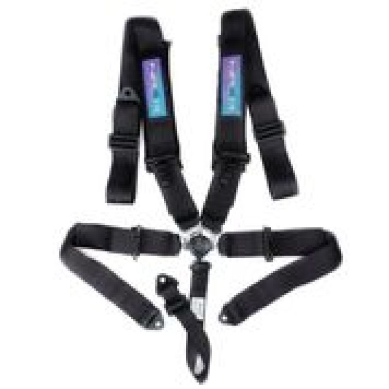 Black NRG 5-point racing harness featuring 3-inch wide nylon straps and a central cam lock buckle.