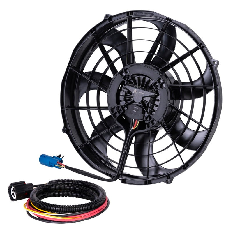 SPAL 16-inch brushless electric radiator fan with integrated 300W motor and wiring jumper harness.