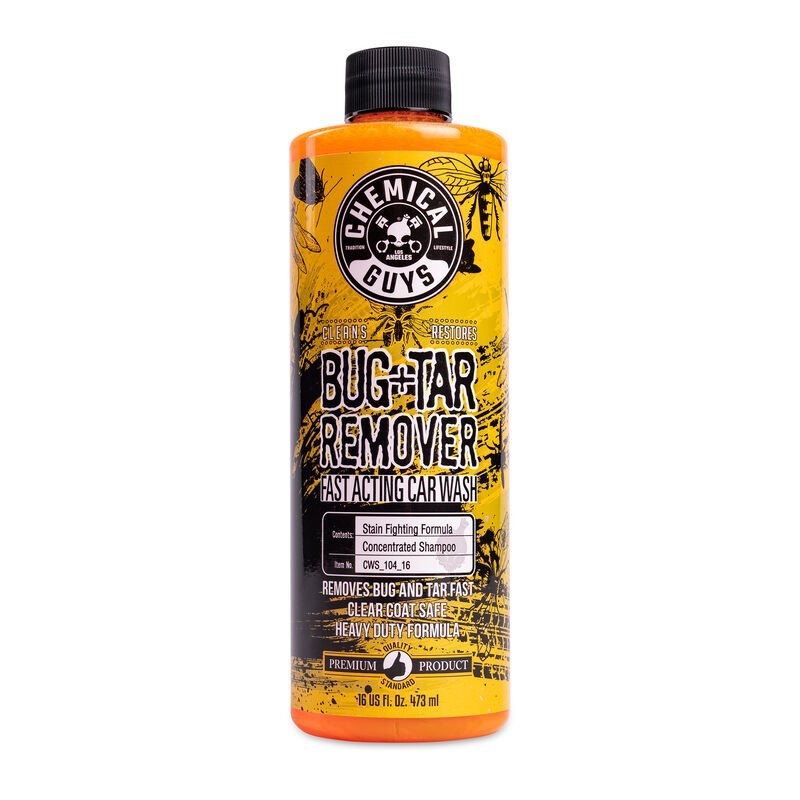 16oz bottle of Chemical Guys Bug and Tar Heavy Duty Car Wash Shampoo with yellow liquid and flip-top cap.