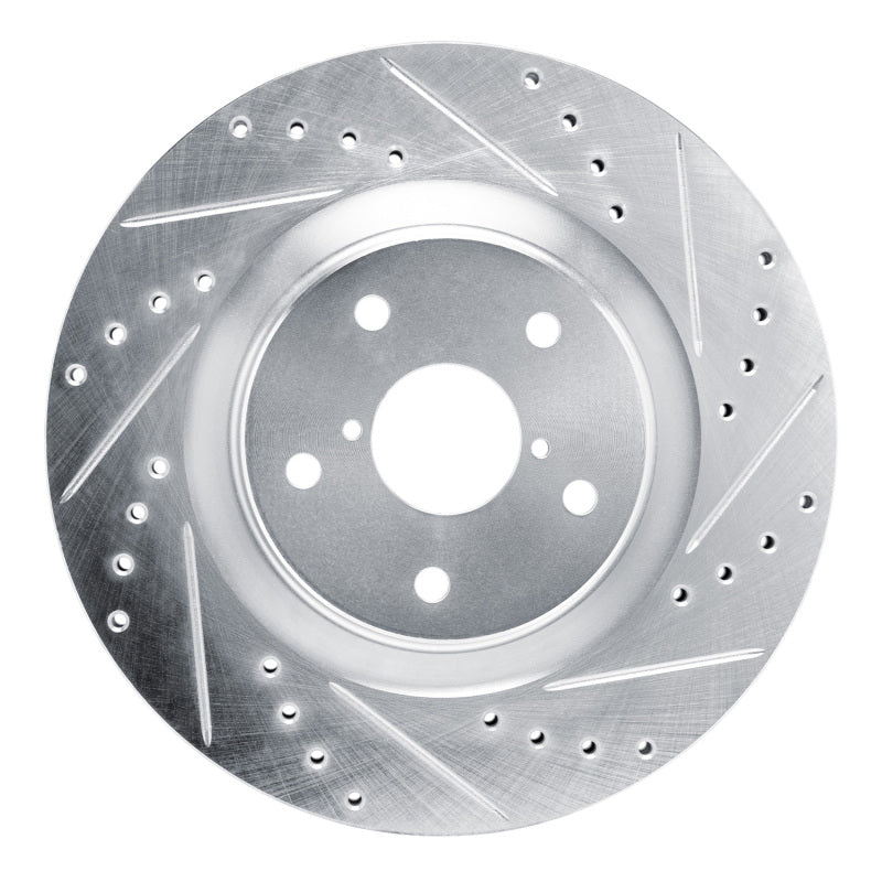 R1 Concepts silver drilled and slotted front right passenger-side brake rotor for 2020-2025 Subaru vehicles.