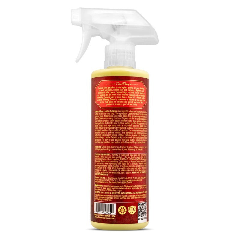 16oz bottle of Chemical Guys Leather Quick Detailer for matte finish leather maintenance.