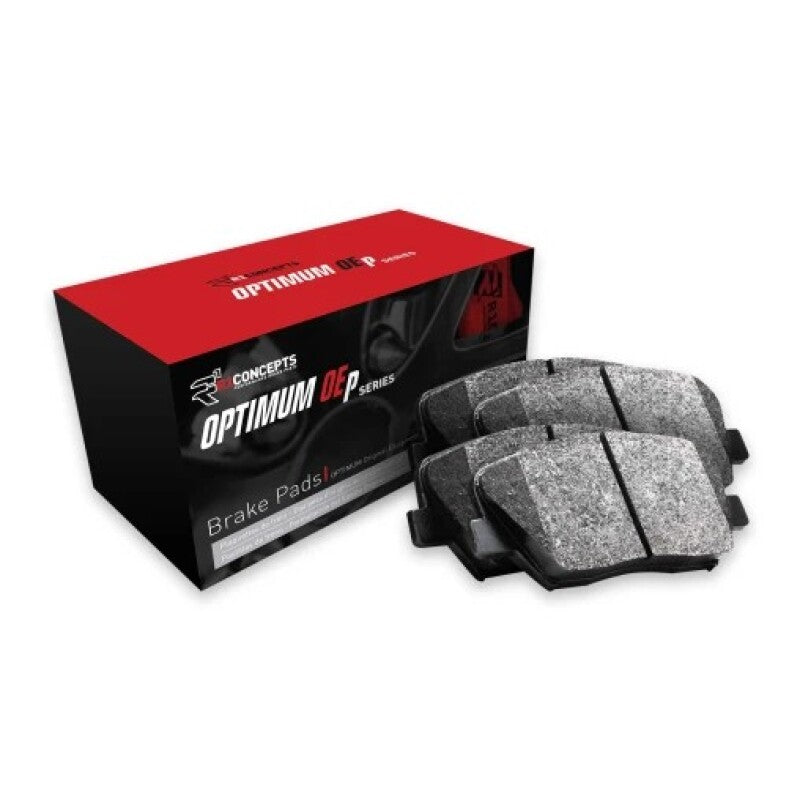 R1 Concepts OPTIMUM OEp rear brake pad set featuring high-friction material and black backing plates.