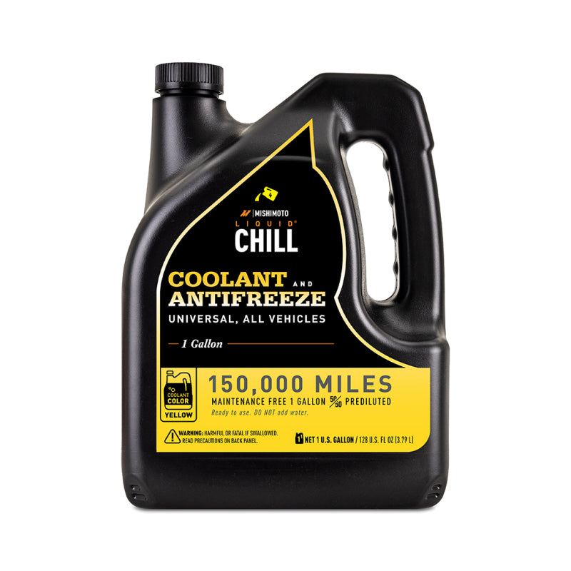 One gallon bottle of Mishimoto Liquid Chill yellow 50/50 pre-diluted engine coolant.
