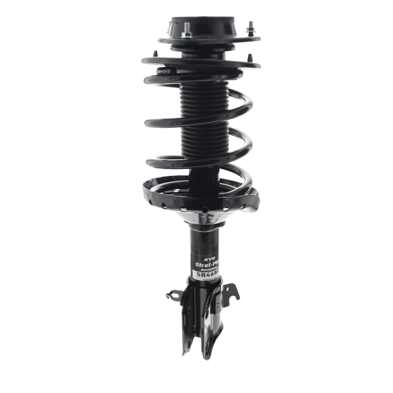 KYB Strut-Plus front left strut and spring assembly with black finish and high carbon steel coil spring.
