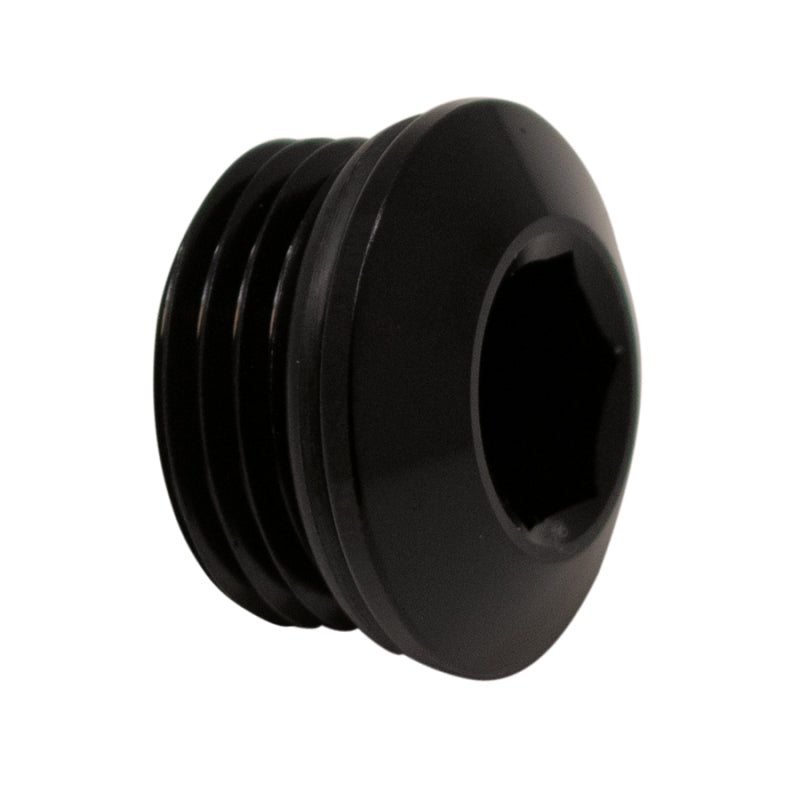 DeatschWerks -8AN ORB male plug with low profile internal hex drive and O-ring in matte black finish.