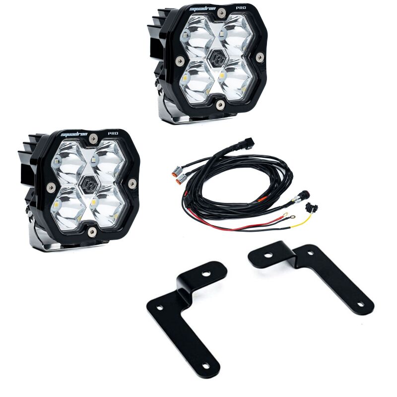Baja Designs Squadron Pro 2.0 clear spot LED lights with black A-pillar mounting brackets for Jeep JL and JT