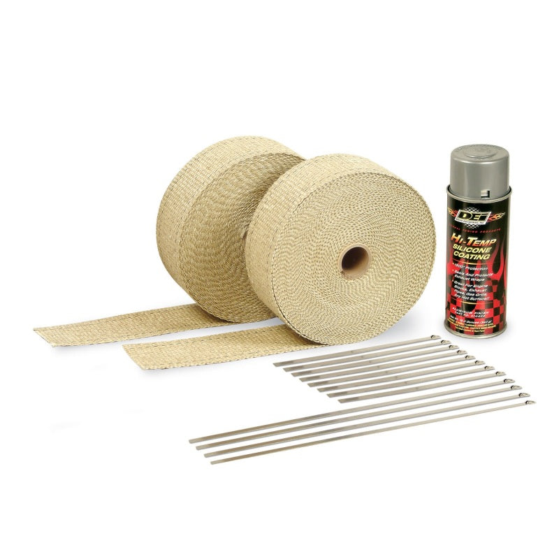 DEI 10112 exhaust wrap kit containing two rolls of tan wrap, aluminum HT silicone spray, and stainless steel locking ties.