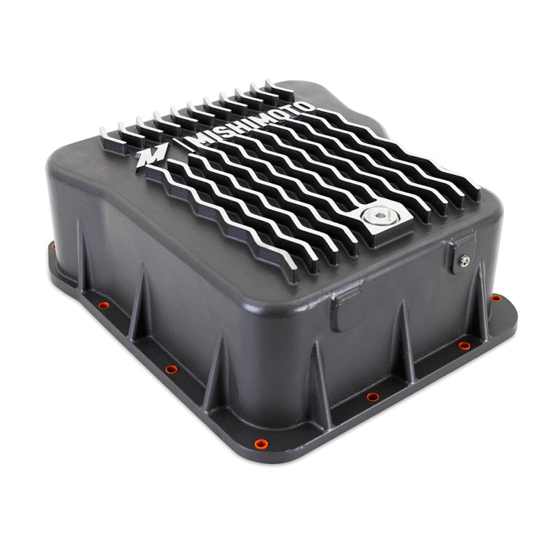 Gunmetal Gray cast aluminum Mishimoto transmission pan with cooling fins and magnetic drain plug for 6.6L Duramax.