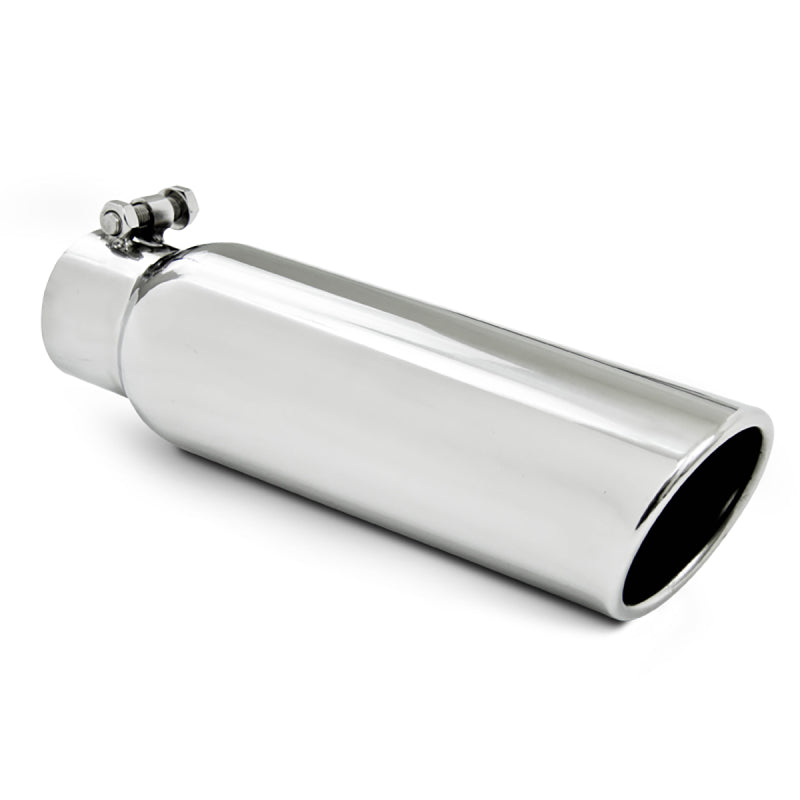 Polished T304 stainless steel exhaust tip with a 3.5-inch angled cut rolled edge and 2.5-inch inlet.