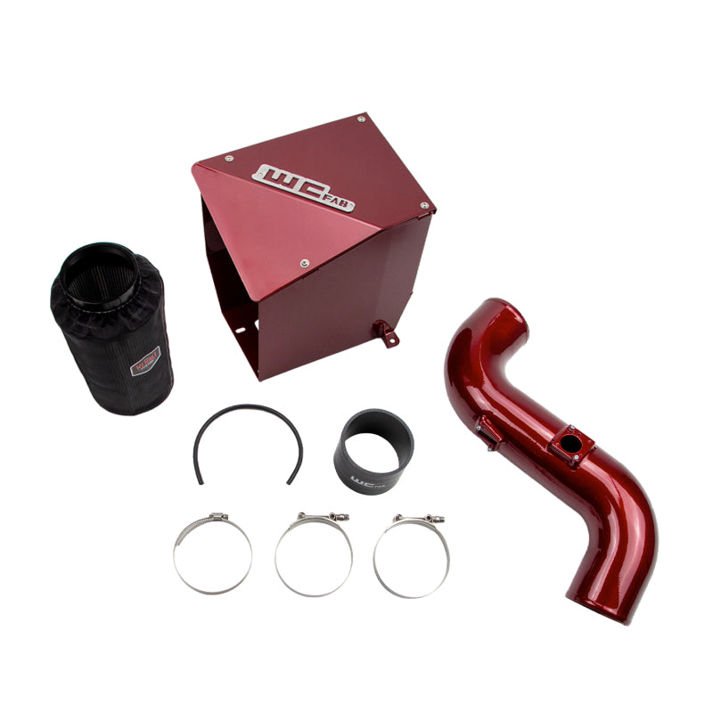 Red powder-coated fabricated aluminum 4-inch intake pipe and air box for 2011-2016 Duramax diesel engines.