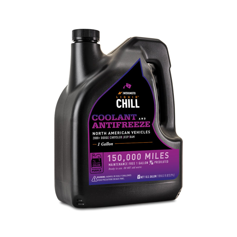 One gallon bottle of Mishimoto Liquid Chill purple 50/50 pre-diluted engine coolant for North American vehicles.