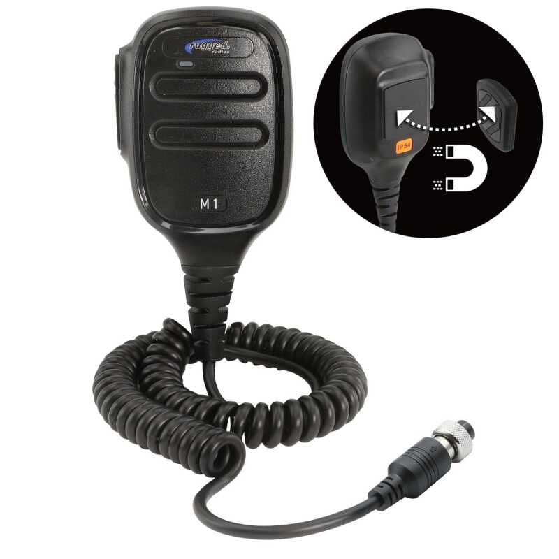 Rugged Radios HM-M1 hand microphone with coiled cable and integrated Scosche MagicMount magnetic mounting surface