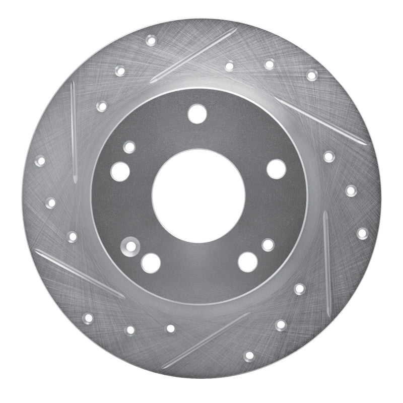 Silver R1 Concepts rear left drilled and slotted brake rotor showing precision cooling holes and diamond slots.