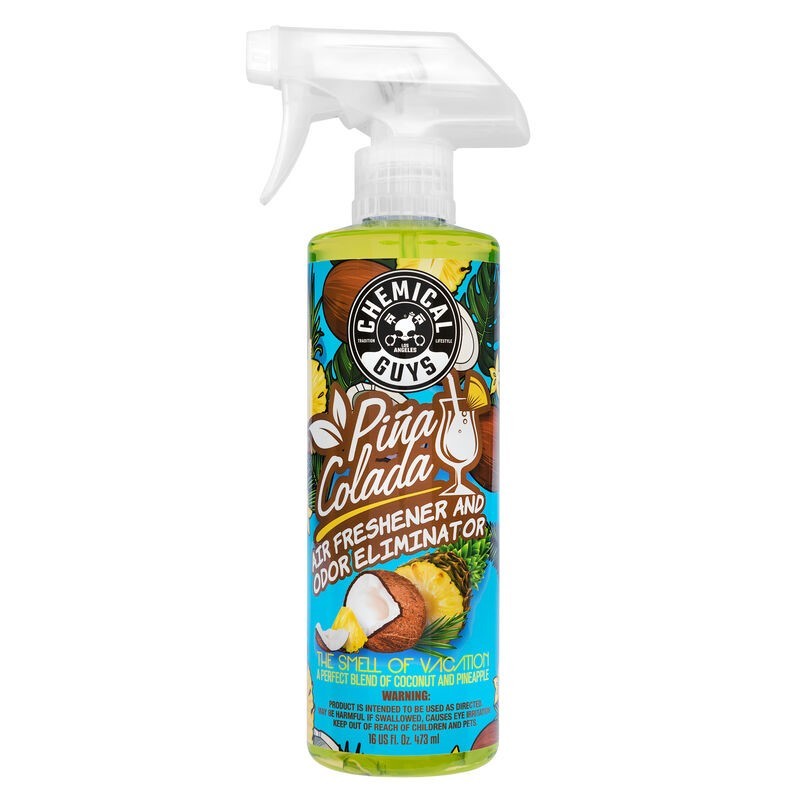 16oz spray bottle of Chemical Guys Piña Colada Air Freshener and Odor Eliminator with yellow liquid and tropical label