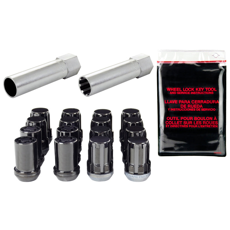 McGard 65457BK black SplineDrive tuner 4-lug installation kit with M12x1.5 lug nuts, wheel locks, and installation tool.