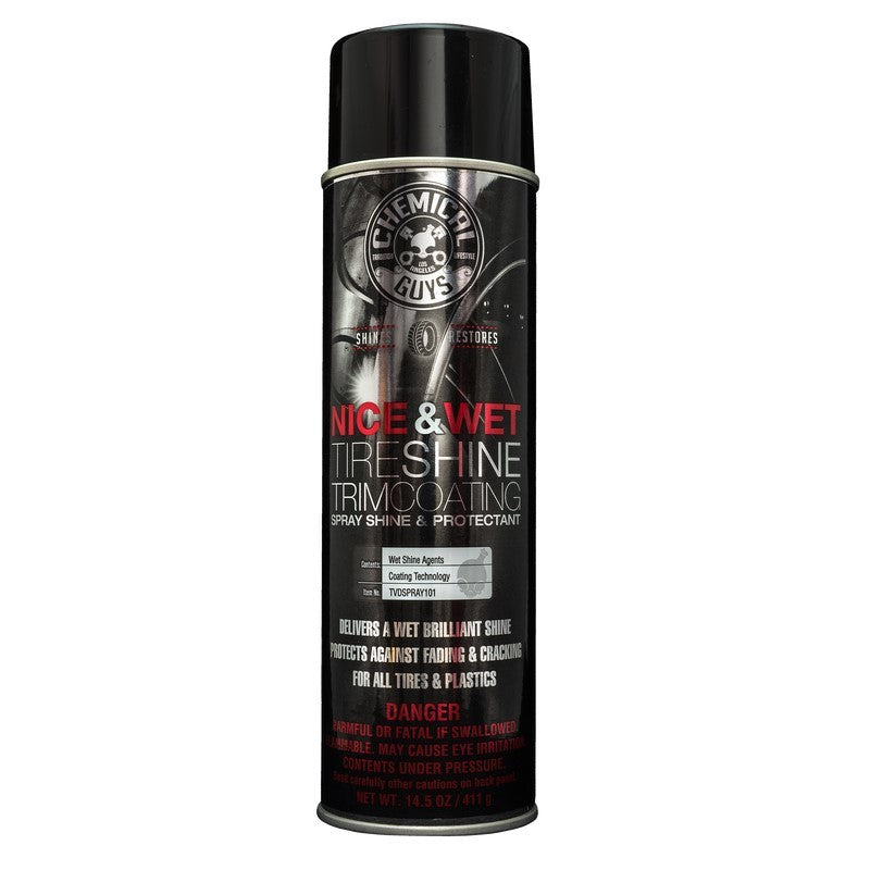 Aerosol can of Chemical Guys Nice & Wet Tire Shine protective coating for rubber and plastic