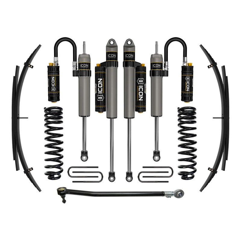 ICON Stage 4 suspension lift kit with 2.5 Aluminum Series CDCV shocks and leaf spring expansion pack for Ford Super Duty.