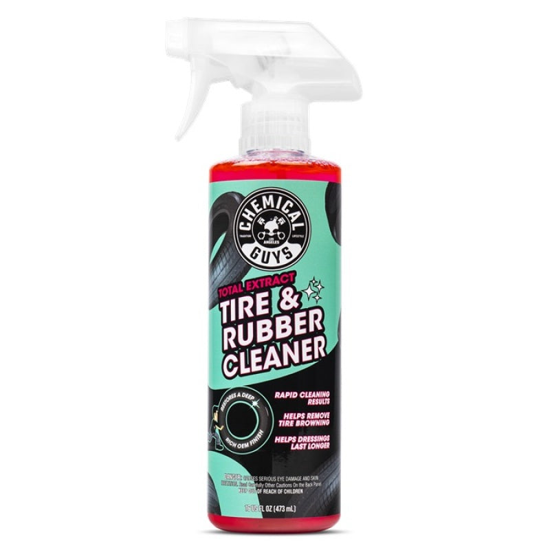 16oz spray bottle of Chemical Guys Total Extract Tire and Rubber Cleaner featuring a red and black label.