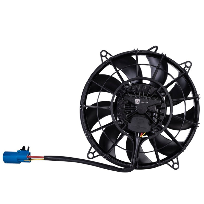SPAL 10-inch brushless cooling fan with 300W motor, flush mount shroud, and included jumper harness.