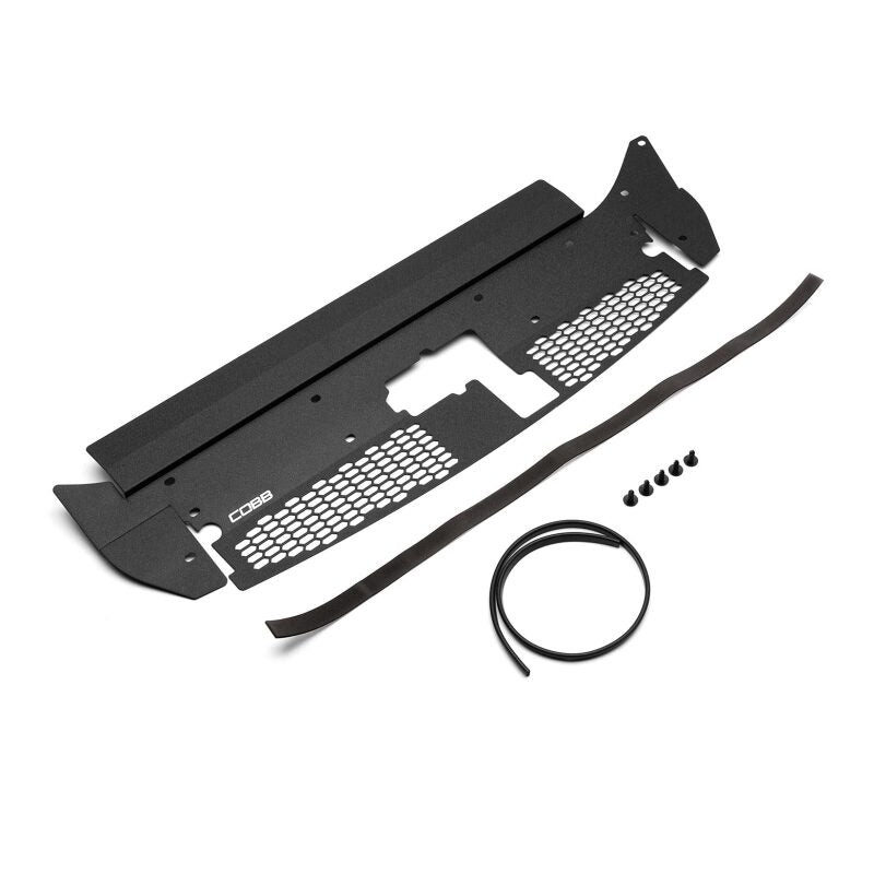 Black powder-coated 5052 aluminum radiator shroud for 2017-2020 Ford F-150 with laser-etched Cobb logo.