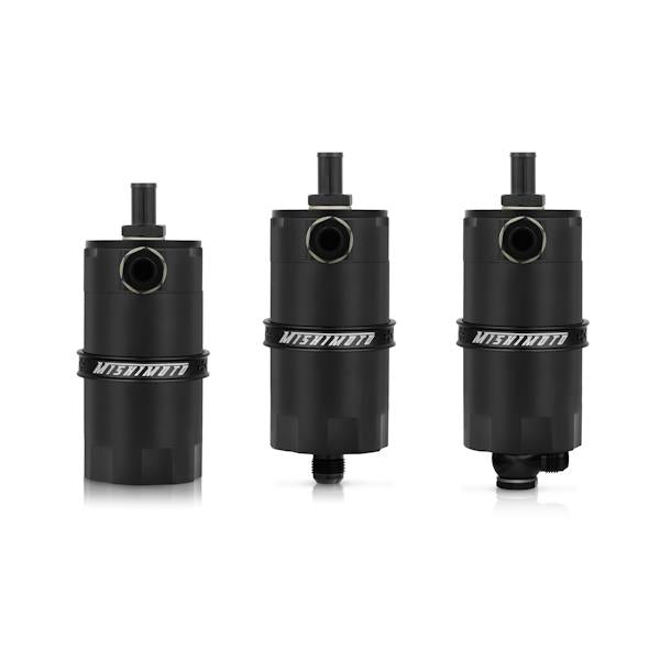 Black Mishimoto universal baffled oil catch can made from 6061 billet aluminum with mounting bracket and -AN ports.