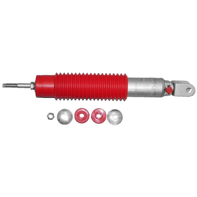 Rancho RS9000XL silver metallic adjustable front shock absorber with red protective boot and 9-position control knob