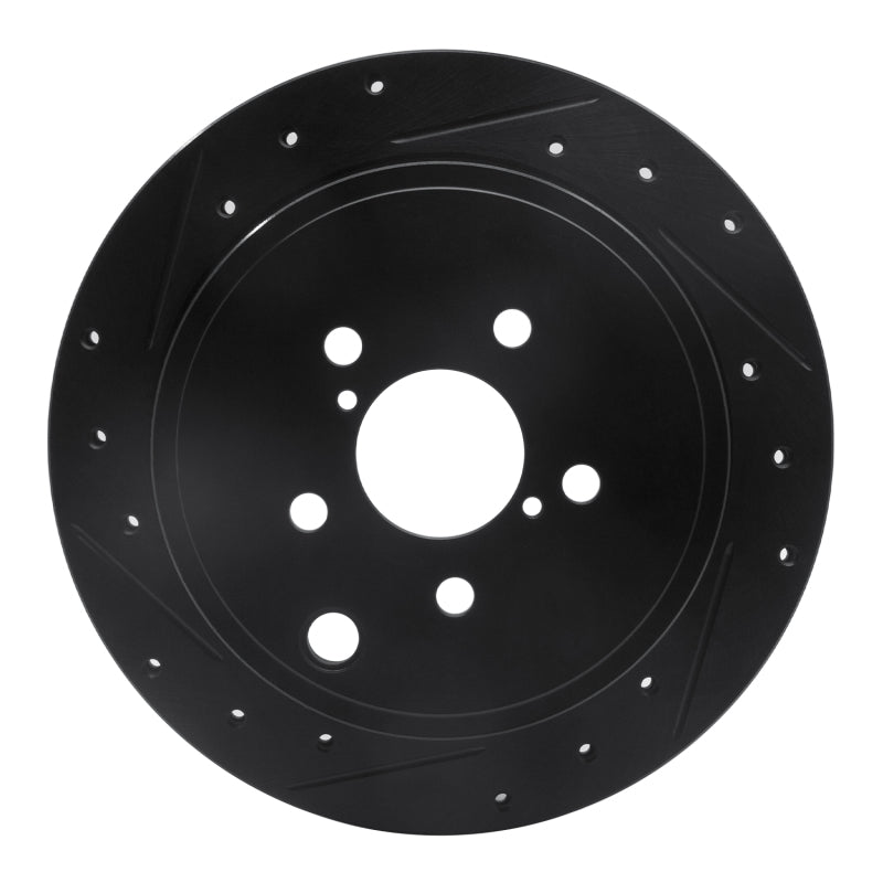 Rear left R1 Concepts drilled and slotted brake rotor with black anti-corrosive finish