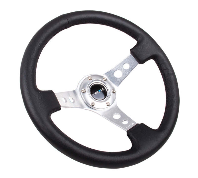 NRG Reinforced Steering Wheel - 350mm / 3in Deep Dish, White Leather, Black Spoke, Round Holes, White Stripes