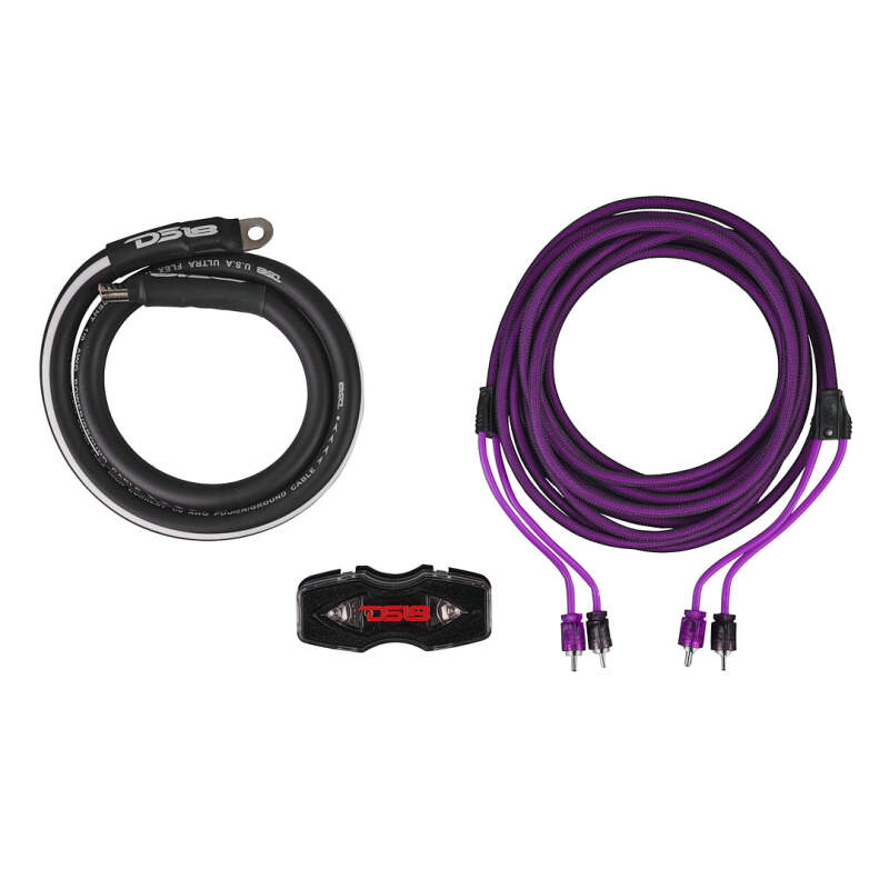 DS18 Advance Series 0-gauge amplifier installation kit with purple power and ground cables.
