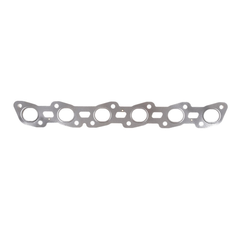 Cometic MLS exhaust manifold gasket for Nissan RB20 and RB25 engines featuring embossed stainless steel layers.