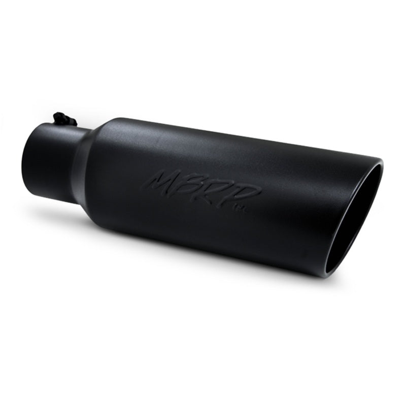 MBRP black coated T304 stainless steel exhaust tip showing the 4-inch inlet and 6-inch rolled edge outlet.