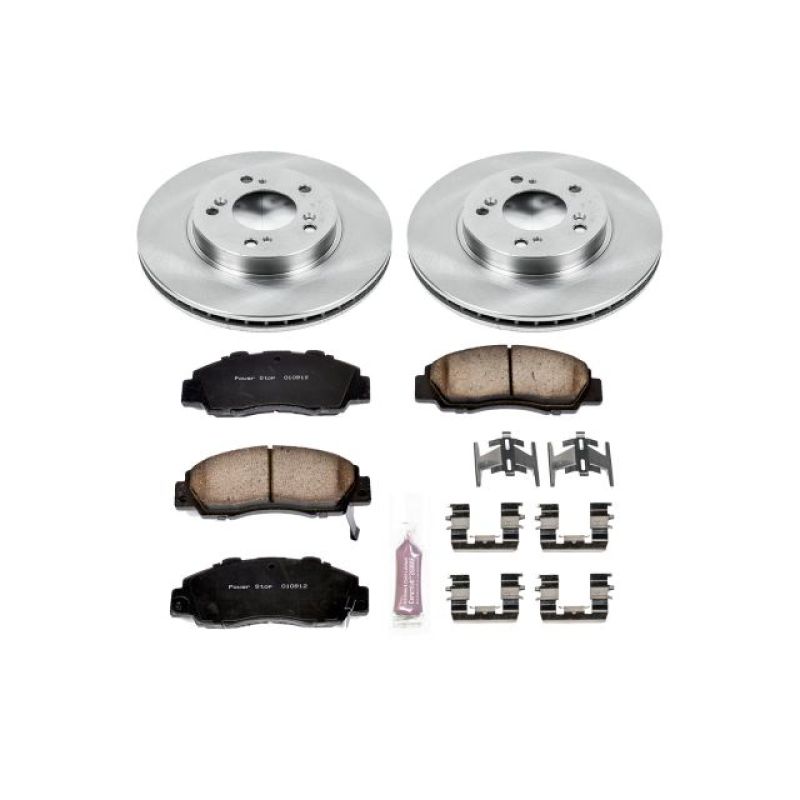 Power Stop KOE704 Z17 Evolution Plus front brake kit featuring two rotors, ceramic pads, and stainless hardware.