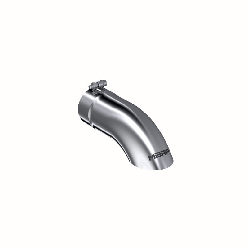 Polished T304 stainless steel MBRP turn down exhaust tip with a 4-inch inlet and 12-inch length.