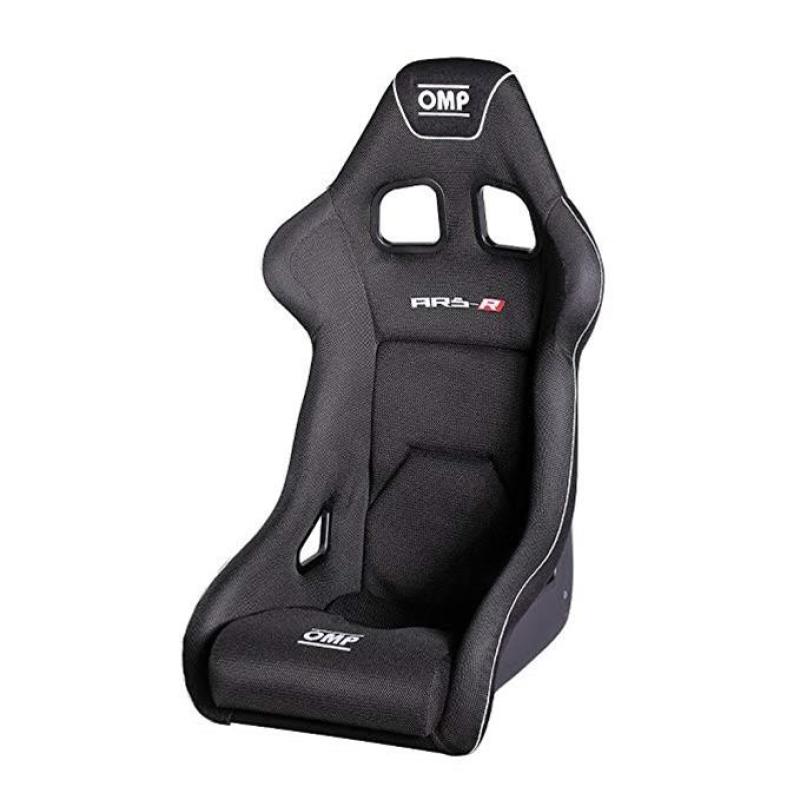 Black OMP ARS Series fiberglass bucket racing seat with deep side bolsters and harness slots.