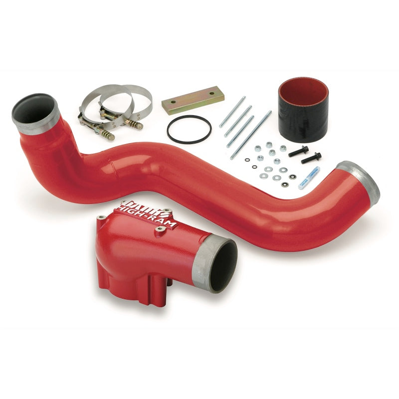 Red powdercoated Banks High-Ram intake elbow and 3.5-inch mandrel-bent boost tube for Ford 6.0L Power Stroke.