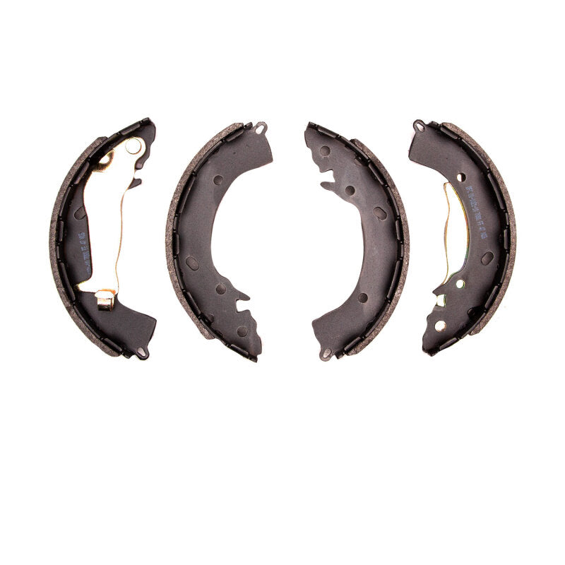 DFC Premium Service semi-metallic rear brake shoes with carbon steel frame and black anti-rust coating.
