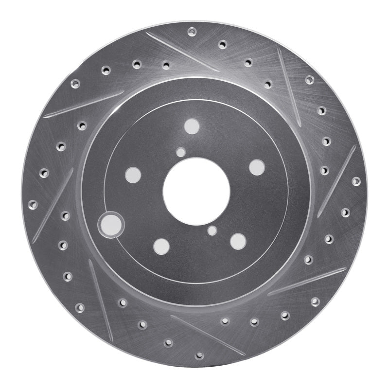 Silver R1 Concepts drilled and slotted rear right brake rotor for Subaru WRX and WRX STI