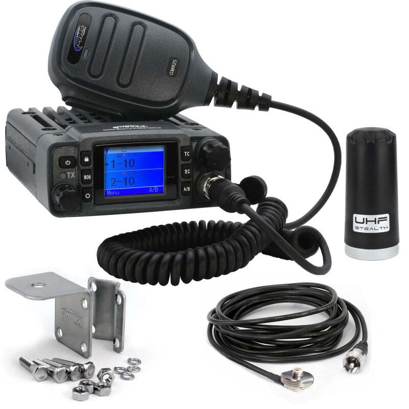 Rugged Radios GMR25 waterproof GMRS mobile radio unit shown with its compact stealth antenna.