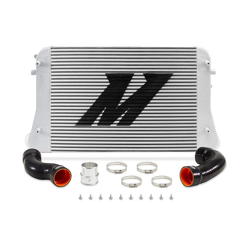 Mishimoto bar-and-plate intercooler with cast aluminum end tanks and black silicone couplers for VW and Audi 2.0T