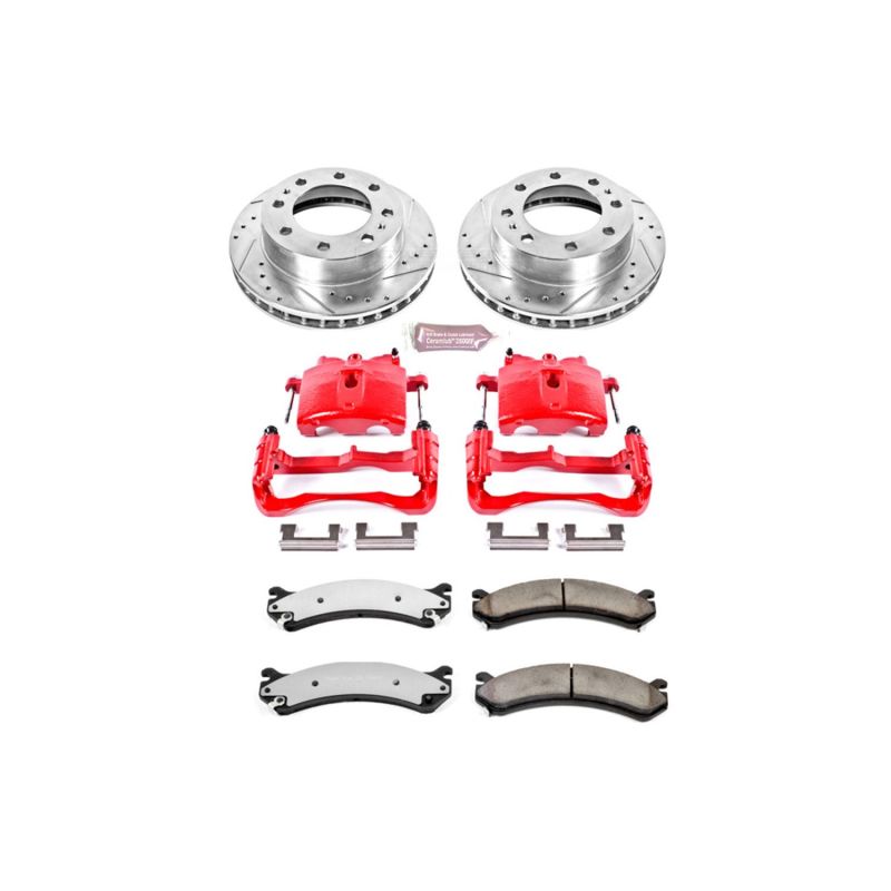 Power Stop Z36 front brake kit featuring red powder-coated calipers, drilled and slotted rotors, and Z36 brake pads.